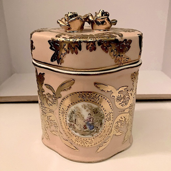 Ornate Ceramic Container, Pink and Gold, Featuring Regency-era Couple - Picture 2 of 4